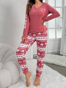 Women's Letter & Heart Printed Pajama Set Cozy And Elegant Details, Fall Winter Clothes - Watermelon Pink - View 5