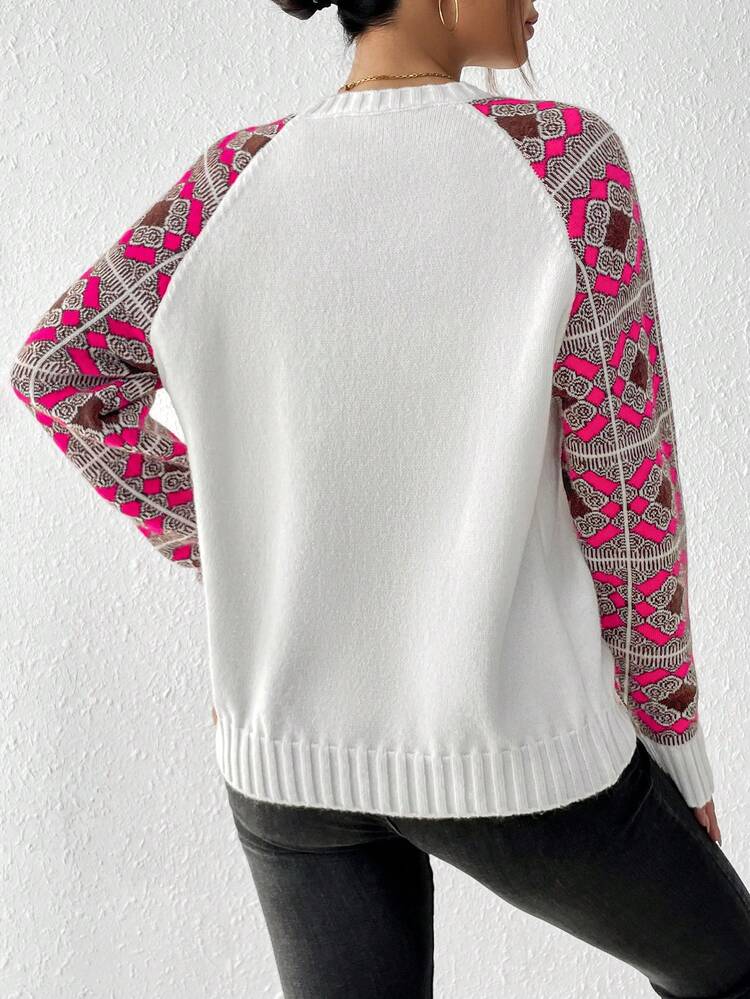 Women'S Floral Pattern Patched Raglan Sleeve Sweater