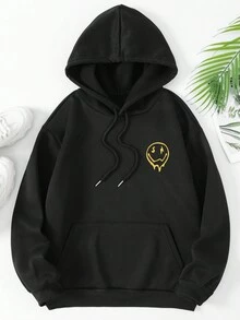 SHEIN EZwear 女式黑色字母印花連帽衫,常規版型 - 黑色 - 查看 2