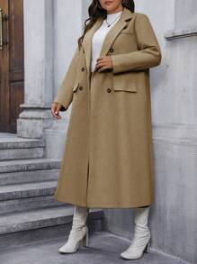 Calvaya Plus Size Woolen Coat With Pockets, Loose Fit, Casual Style For Autumn And Winter - Khaki - View 6