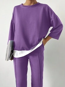 Cottnline 2 piezas Conjunto casual para mujer: Camiseta de manga 3/4 con cuello redondo y hombros caídos en color contrastante y pantalones - Morado - Ver 5