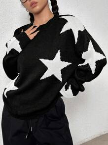 SHEIN Unity Hình sao Vòng cổ Áo chui đầu Áo len - màu đen - Xem 1