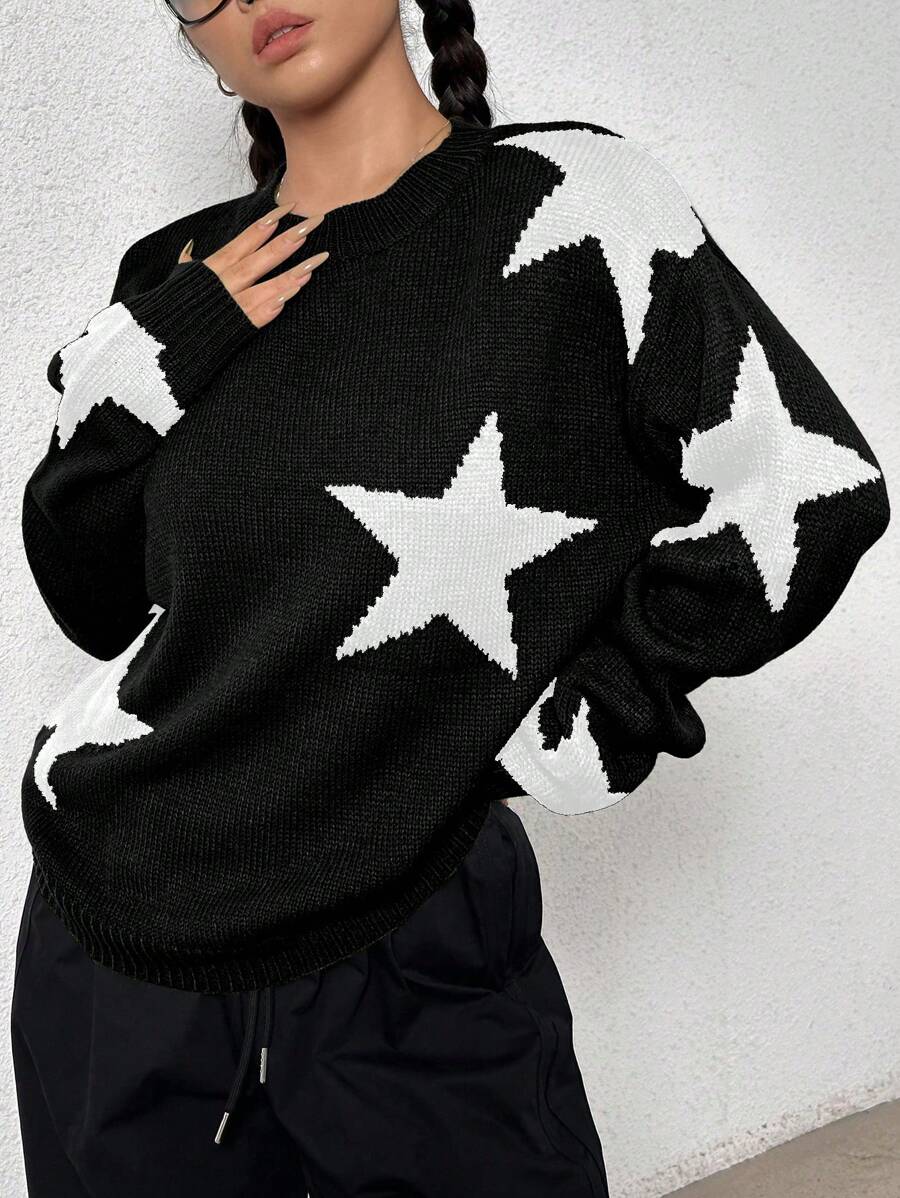 SHEIN Unity Hình sao Vòng cổ Áo chui đầu Áo len - màu đen - Xem 1