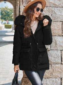 SHEIN LUNE 女士纯色长袖拉链抽绳腰部毛茸茸连帽休闲加厚棉服外套，冬季服装 - 黑色 - 查看 5