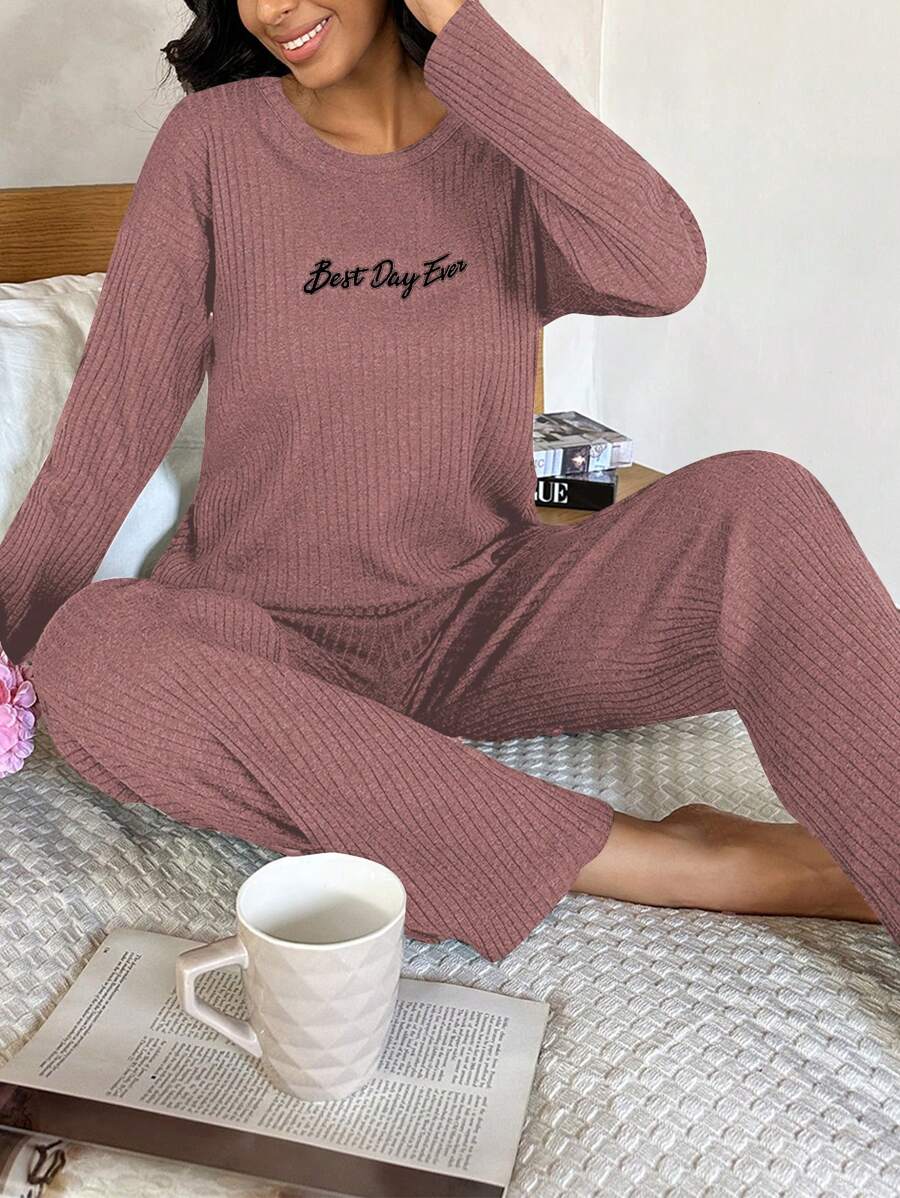EURMUSE Letter Graphic Rib-Knit Lounge Set - Dusty Pink - View 1