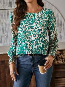 SHEIN LUNE 休閒女用全印花捲袖襯衫 - 綠色 - 查看 3