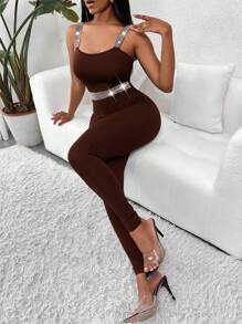 SHEIN Slayr 水晶肩帶&編織圖案拼接緊身連身褲 - 咖啡棕 - 查看 5