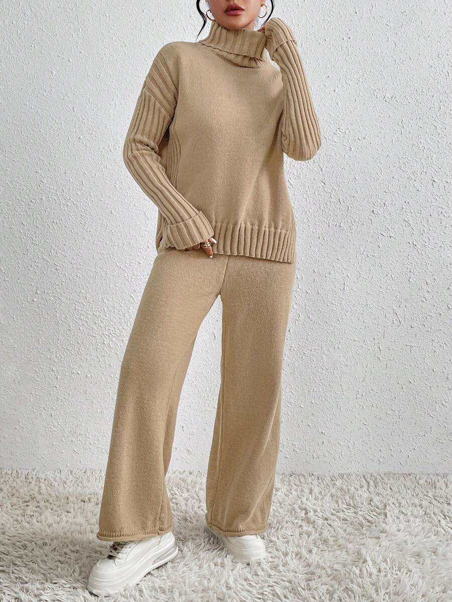 EMERY ROSE 2pcs/set Solid Color Sweater Suit - Camel - View 1