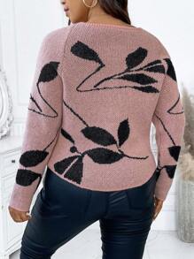 Calvaya Plus Size Women's Leaf Patterned Sweater Pullover Knit Pullover Fall Winter Sweater - Coral Pink - View 2