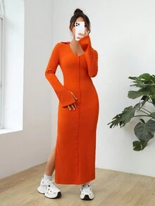 SHEIN EZwear 純色高側面開襠緊身連衣裙 - 橘色 - 查看 4