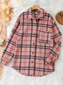 青少年女孩格紋口袋補丁外套