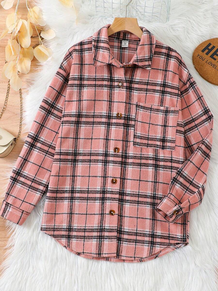 青少年女孩格紋口袋補丁外套