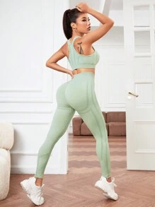 Độ co giãn Cao Liền mạch Của phụ nữ Thể thao Bộ đồ Tập thể dục Bộ - Màu xanh Bạc hà - Xem 1