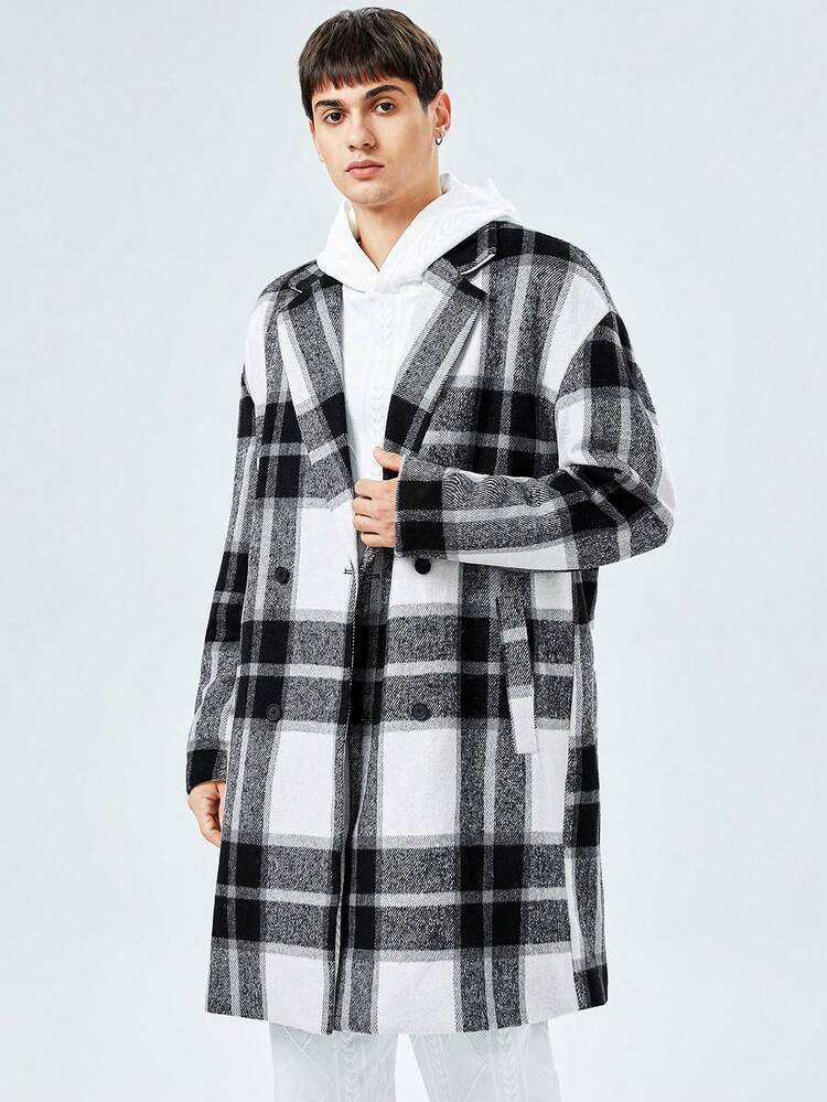 Loose Fit Plaid Double-Breasted Drop Shoulder Lapel Neck Coat Without Sweater For Men, For Fall Winter