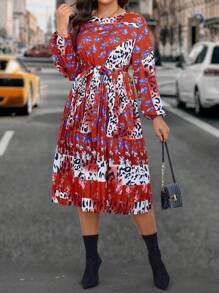 Calvaya Plus Size Leopard & Floral Print Splicing Lantern Sleeve Belted Dress - Red - View 3
