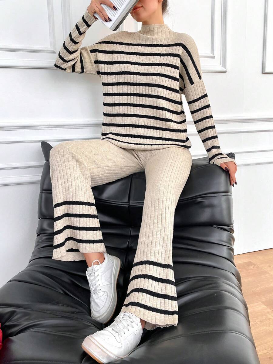 EURMUSE 女式條紋立領下垂肩毛衣2入組 - 米色 - 查看 1