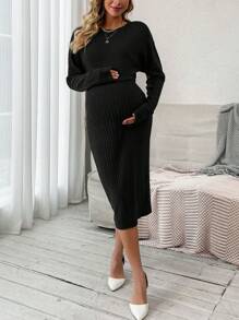 SHEIN Maternity Round Neck Black Ribbed Knit Sweater And Skirt Set - Black - View 1