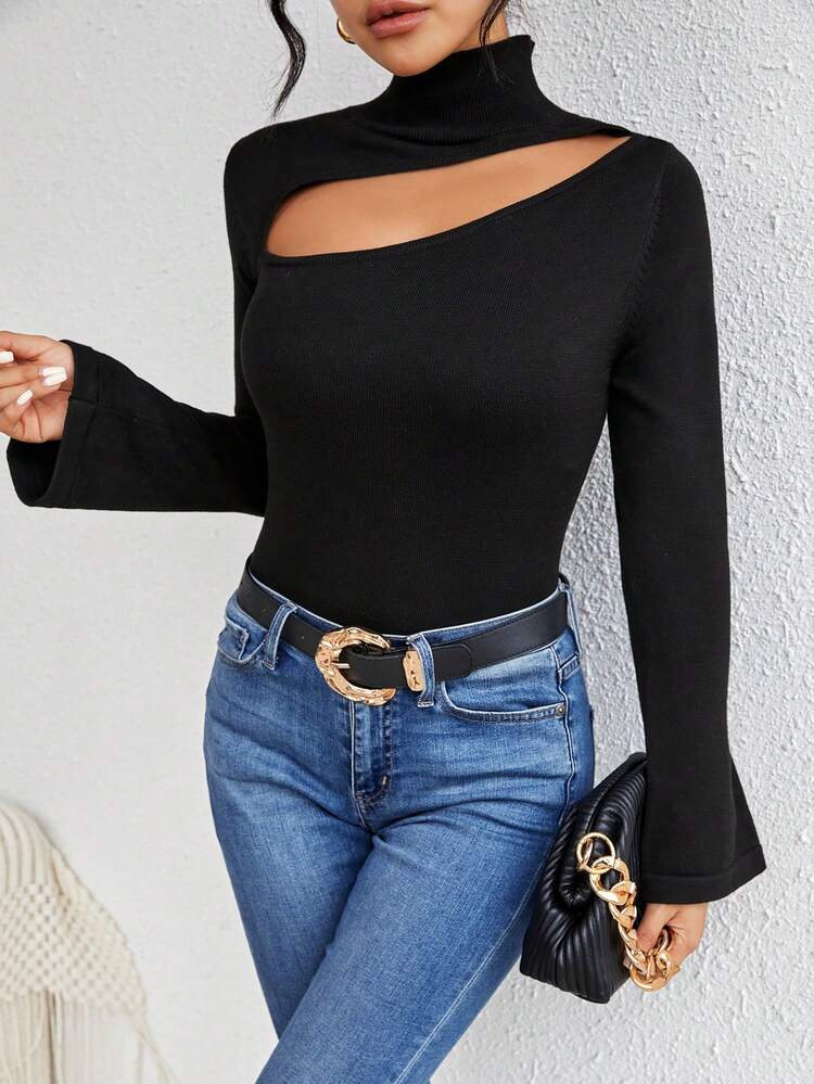 Turtleneck Slim Fit Sweater With Cut-Out Design Knit Pullover Fall Winter Sweater