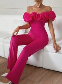 SHEIN Privé Ladies Off Shoulder Lace Trim Flared Jumpsuit - Hot Pink - View 6