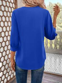 SHEIN LUNE Women's Turn-Down Collar Blouse,Casual - Royal Blue - View 2