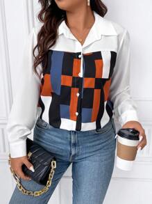 SHEIN LUNE Plus Size Women's Geometric Pattern Shirt - Multicolor - View 3