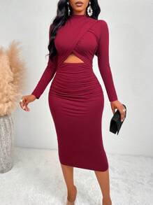 SOLERSUN 高领镂空褶饰紧身连衣裙酒红色长款女装 - 酒紅色 - 查看 5