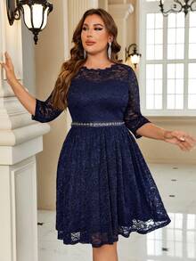 大码女式蕾丝亮片拼接腰部A字半正式派对裙 - 藏蓝色 - 查看 4