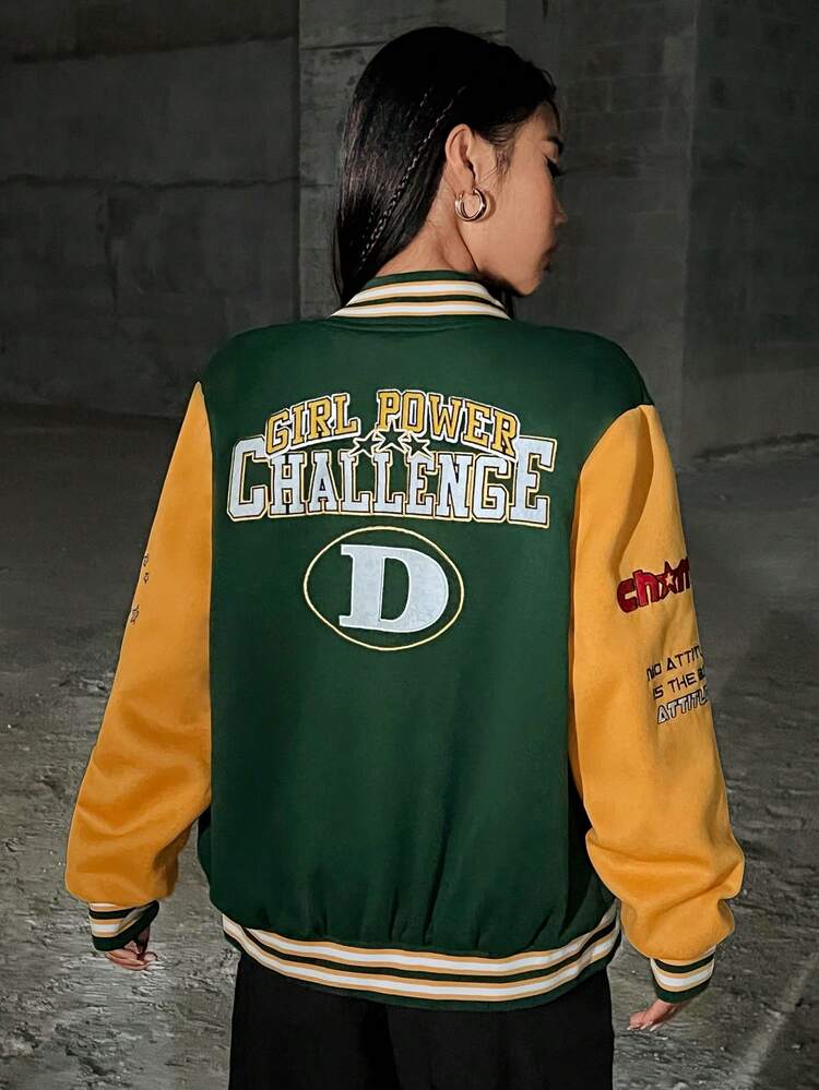 Women's Color-blocking Letter Printed Baseball Collar Jacket