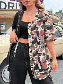 SHEIN EZwear Camouflage Splicing Women's Shirt - Army Green - View 3
