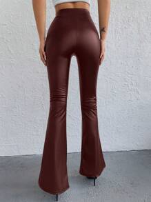 RueChic PU Leather Flare Leg Pants - Burgundy - View 2