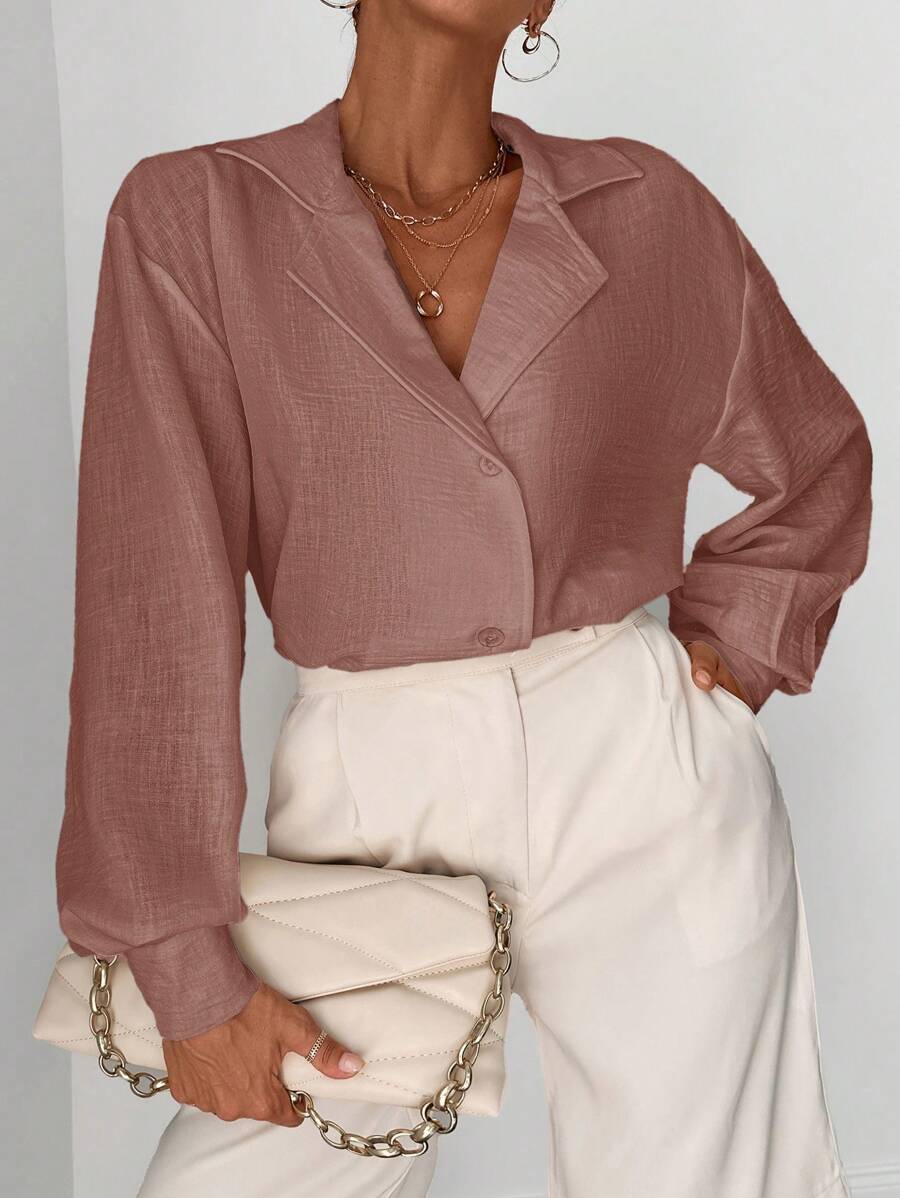 EURMUSE Solid Button Front Shirt - Dusty Pink - View 1