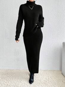 SHEIN Privé Của phụ nữ Cổ cao Thả vai Áo len Và Váy dệt kim Bộ - màu đen - Xem 1