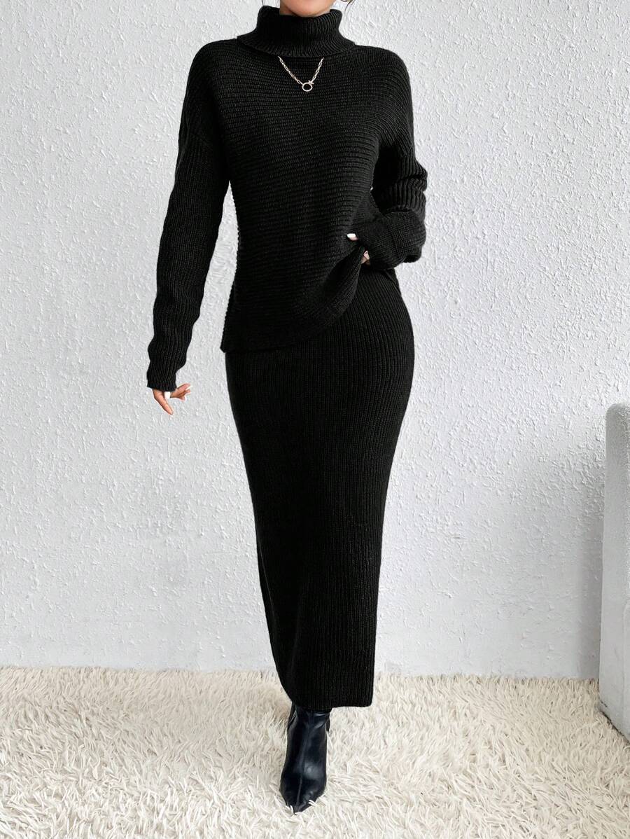 SHEIN Privé Của phụ nữ Cổ cao Thả vai Áo len Và Váy dệt kim Bộ - màu đen - Xem 1