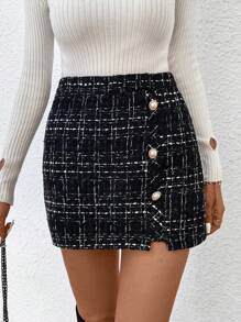 Chiquease 格紋紐扣細身裙 - 黑色 - 查看 4