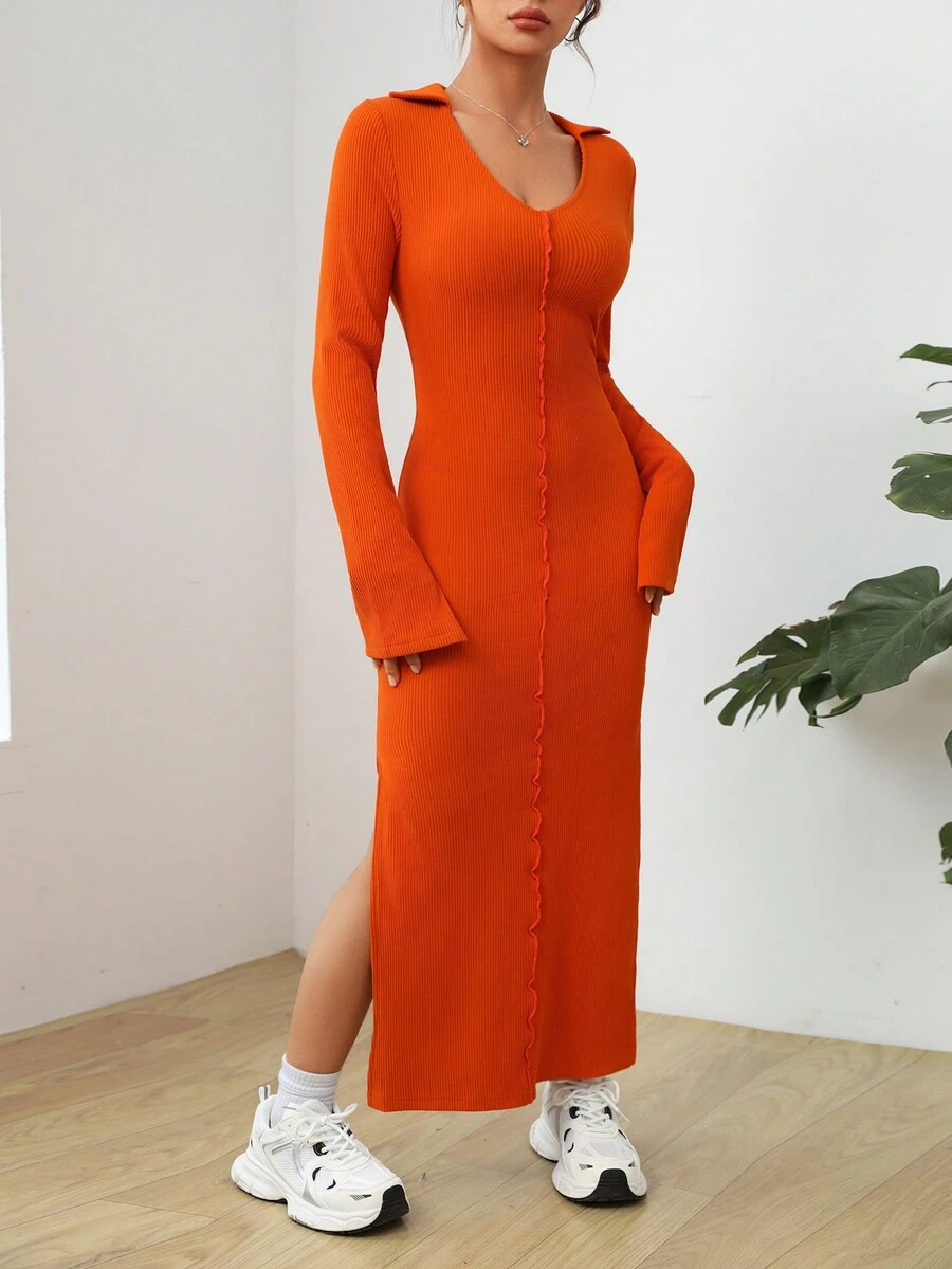 SHEIN EZwear 純色高側面開襠緊身連衣裙 - 橘色 - 查看 1