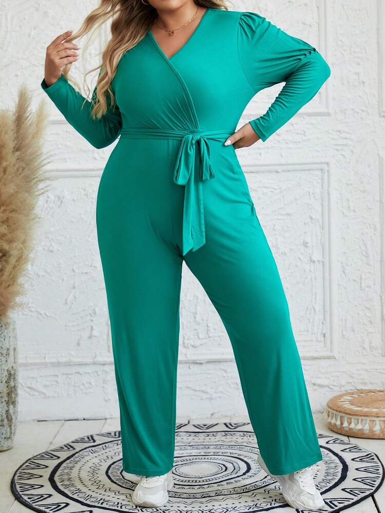 Plus Size Solid Color V-neck Long Sleeve Jumpsuit
