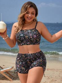 Swim Lushoire Summer Beach Women's Printed Spaghetti Strap Black Plus Size Bikini Set - Multicolor - View 1