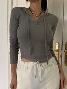 DAZY Ladies' Hooded Knitted Top With Partial Button Placket And Drawstring - Brown - View 3