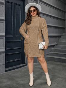 Calvaya Plus Size Women'S Cable Knit High Neck Sweater Dress - Khaki - View 5