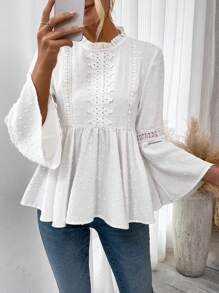 Breezaya Women's Solid Color Stand Collar Flare Sleeve Shirt Peplum Top - White - View 5