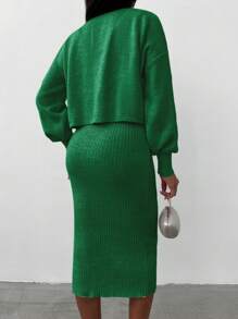 EURMUSE 女式兩件式毛衣套裝,高領落肩毛衣和針織連身裙 - 綠色 - 查看 2
