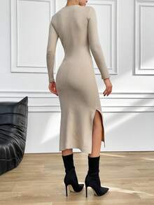 EURMUSE 分割擺設女裝連衣裙 - 米色 - 查看 2