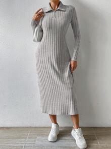 SHEIN Essnce 女士純色鬆緊身連身裙,帶口袋和半拉鍊 - 灰色 - 查看 4