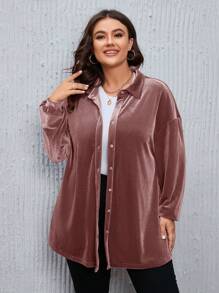SHEIN LUNE Plus Size Fall Women Christmas Textured Fabric Mini Plaid Flannel Doll Style Shirt Top Loose Casual Shirt Tops With Sleeves Blouse, For Winter - Dusty Pink - View 6