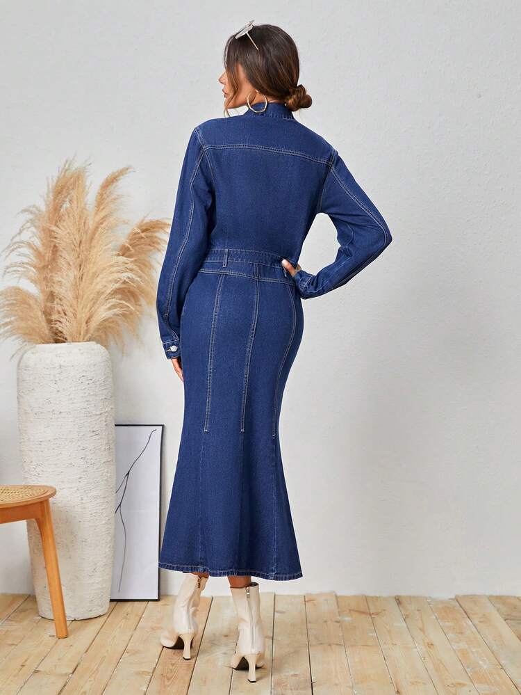 Button Front Pockets Denim Dress With Mermaid Hem Fall Cloth For Women