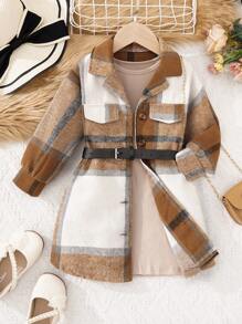 SHEIN 女小童格紋印花腰帶外套&素色連衣裙 - 卡其色 - 查看 1