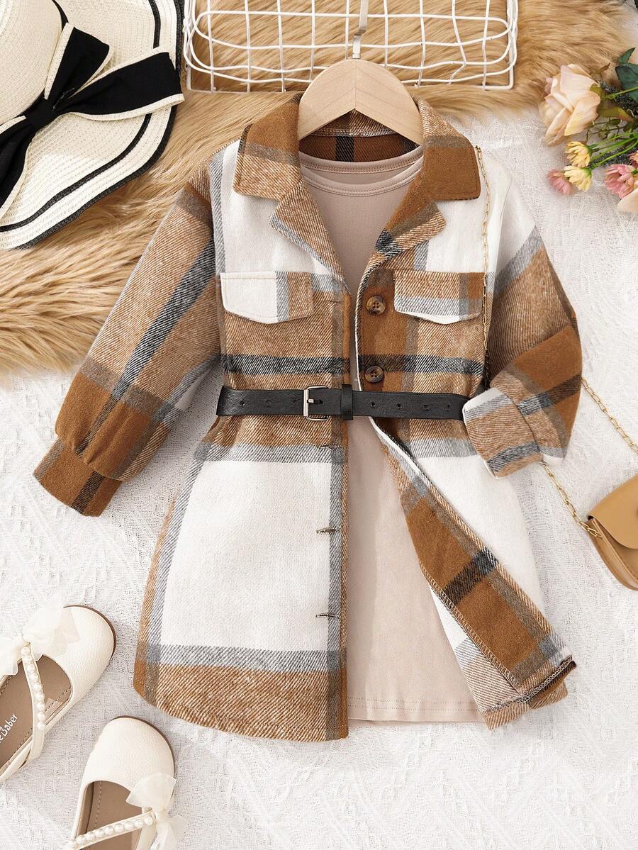 SHEIN 女小童格紋印花腰帶外套&素色連衣裙 - 卡其色 - 查看 1