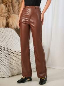 SHEIN Frenchy Women's Zipper Fly Straight Pants - Chocolate Brown - View 10