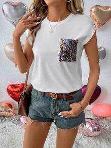 SHEIN LUNE Của phụ nữ Kim sa Trang trí Áo thun - trắng - Xem 5