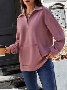 EURMUSE Kangaroo Pocket Drop Shoulder Sweatshirt - Pink - View 5